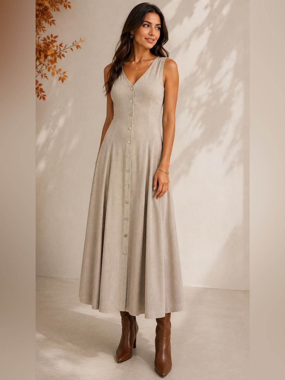 Vintage Express Beige Ribbed Button Front Maxi Dress